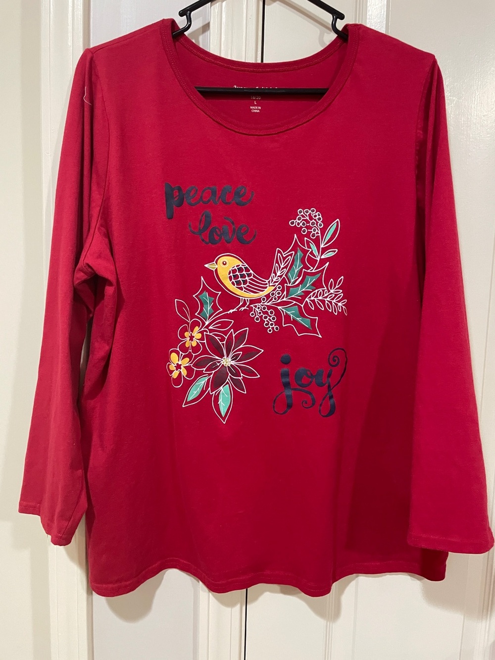 Woman Within Red Long-Sleeve Graphic Tee with Bird & Floral Motif
